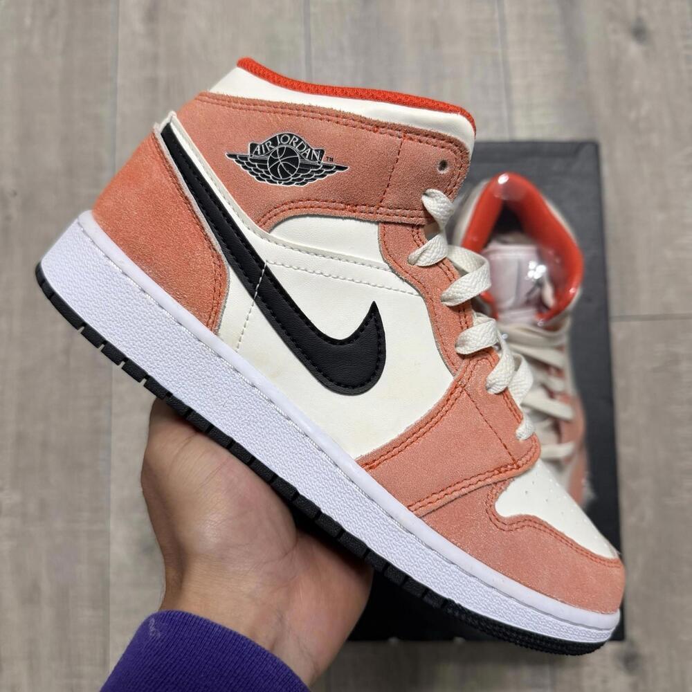 Nike Air Jordan 1 Mid SE GS White Sail Orange Suede DV1336-800 Women 7